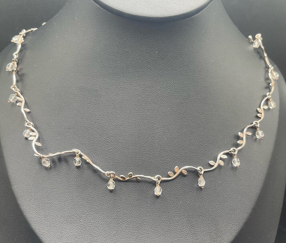 Sterling Silver Leaf Link 18" Necklace Dangle Crystal Beaded 925 India Adjusts